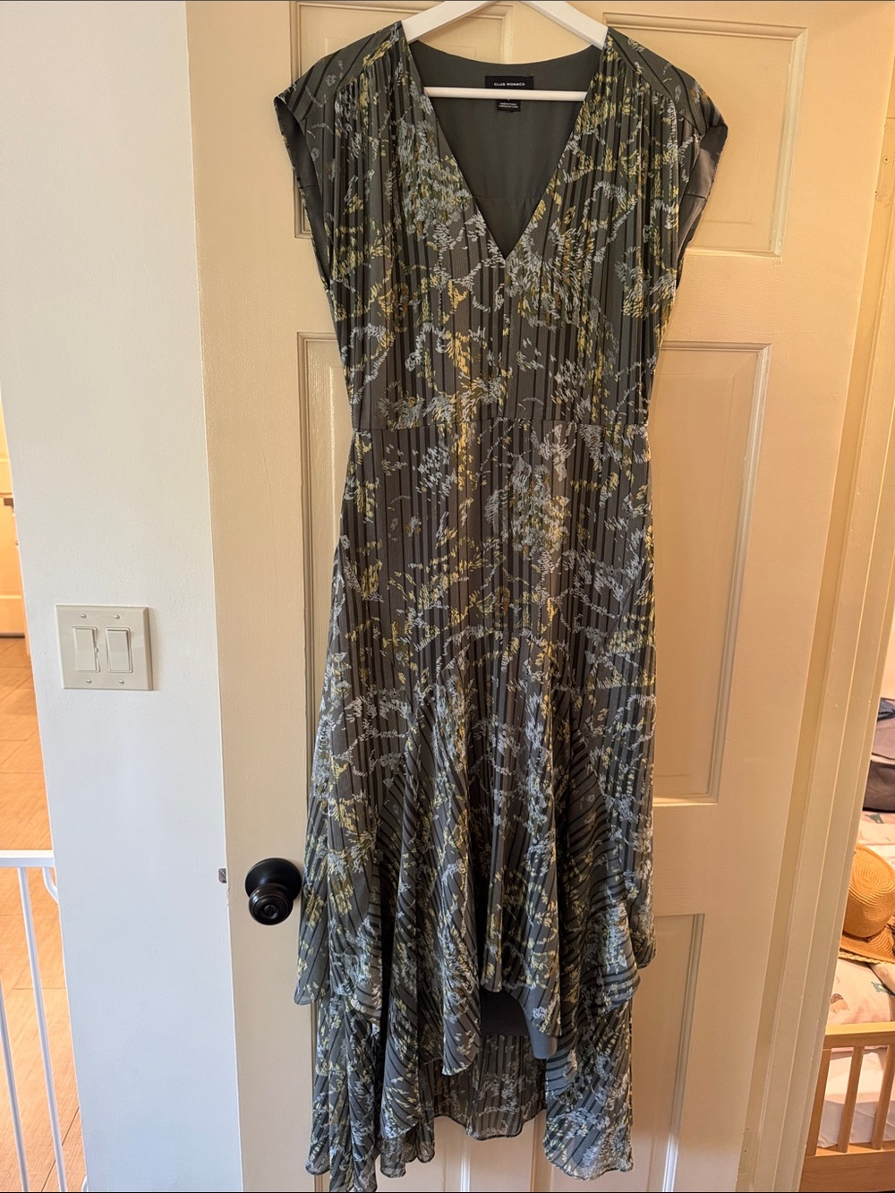 Club Monaco Olive Floral Pleated High-Low Dress with Gold Accents